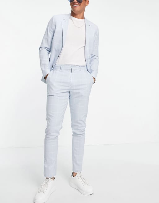 ASOS DESIGN skinny suit trousers with window pane check in pale blue