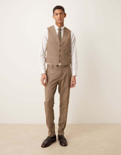 beige dress vest Hawes & Curtis Tailored Fit Cream 1913 Linen Suit Vest | Plain