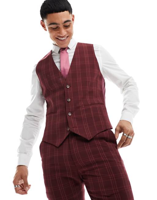 ASOS DESIGN skinny suit vest in burgundy tonal check