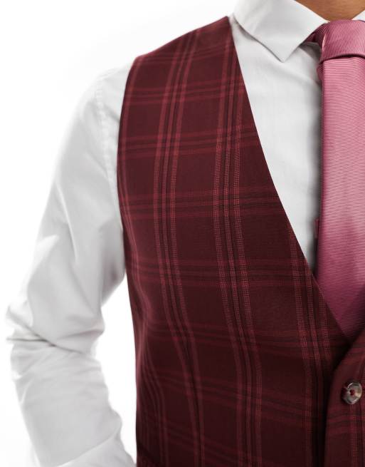 ASOS DESIGN skinny suit vest in burgundy tonal check, 2 of 5