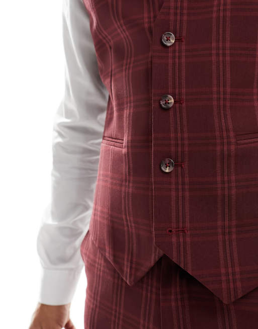 ASOS DESIGN skinny suit vest in burgundy tonal check, 5 of 5
