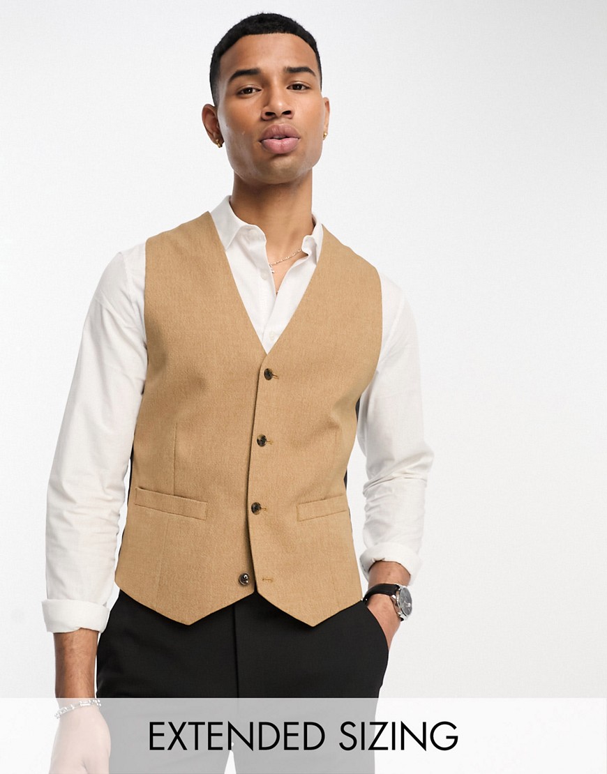 Asos Design Skinny Suit Vest In Camel Micro Texture-neutral