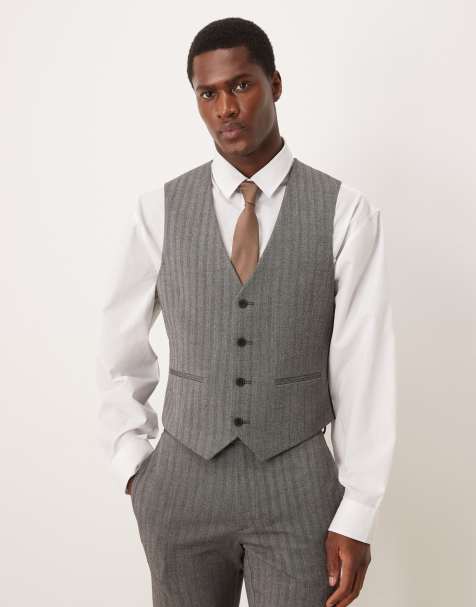 ASOS DESIGN skinny suit vest in charcoal wool look herringbone - view 1