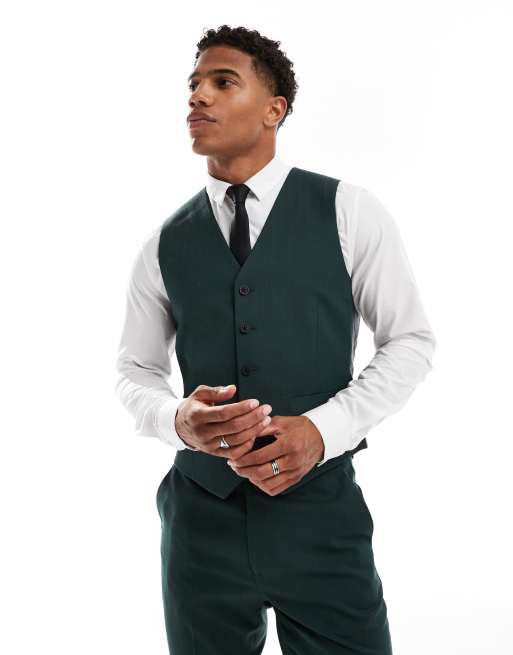 Asos Design Skinny Suit Vest In Dark Green Herringbone Asos