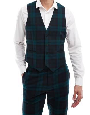 skinny suit vest in dark green tartan