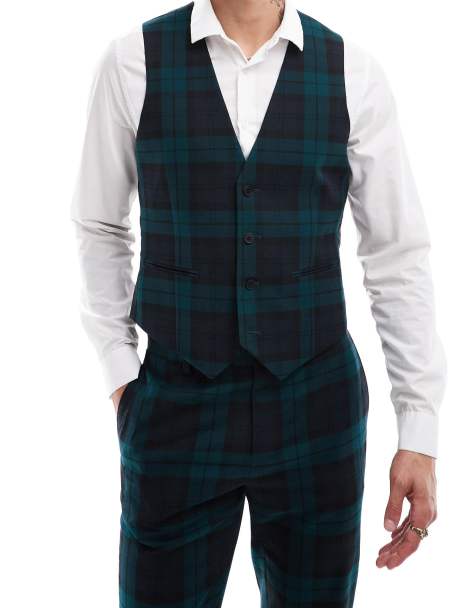 ASOS DESIGN skinny suit vest in dark green tartan - view 1