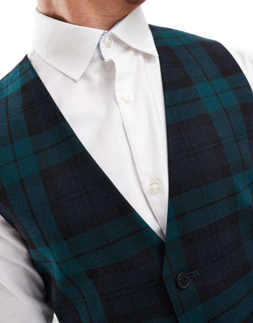 ASOS DESIGN skinny suit vest in dark green tartan, 3 of 4