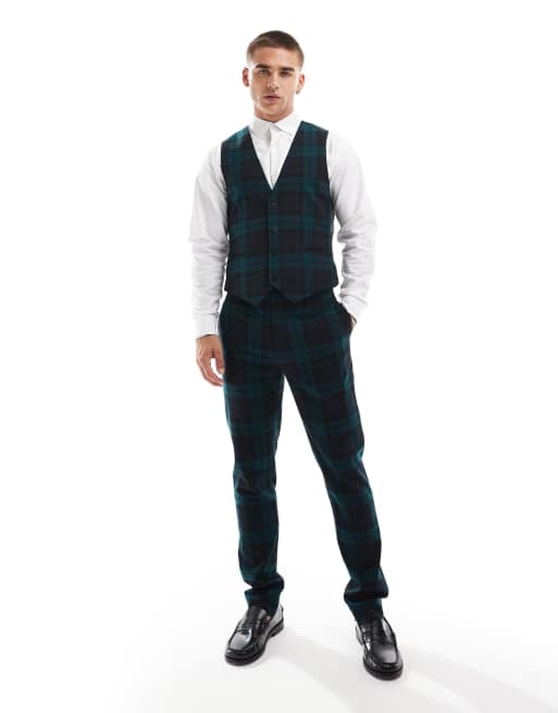 ASOS DESIGN skinny suit vest in dark green tartan, 4 of 4