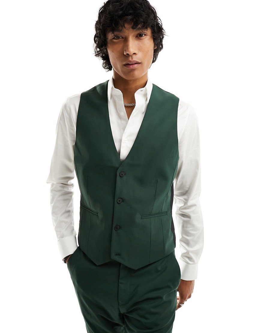 Asos Design Skinny Suit Vest In Dark Green