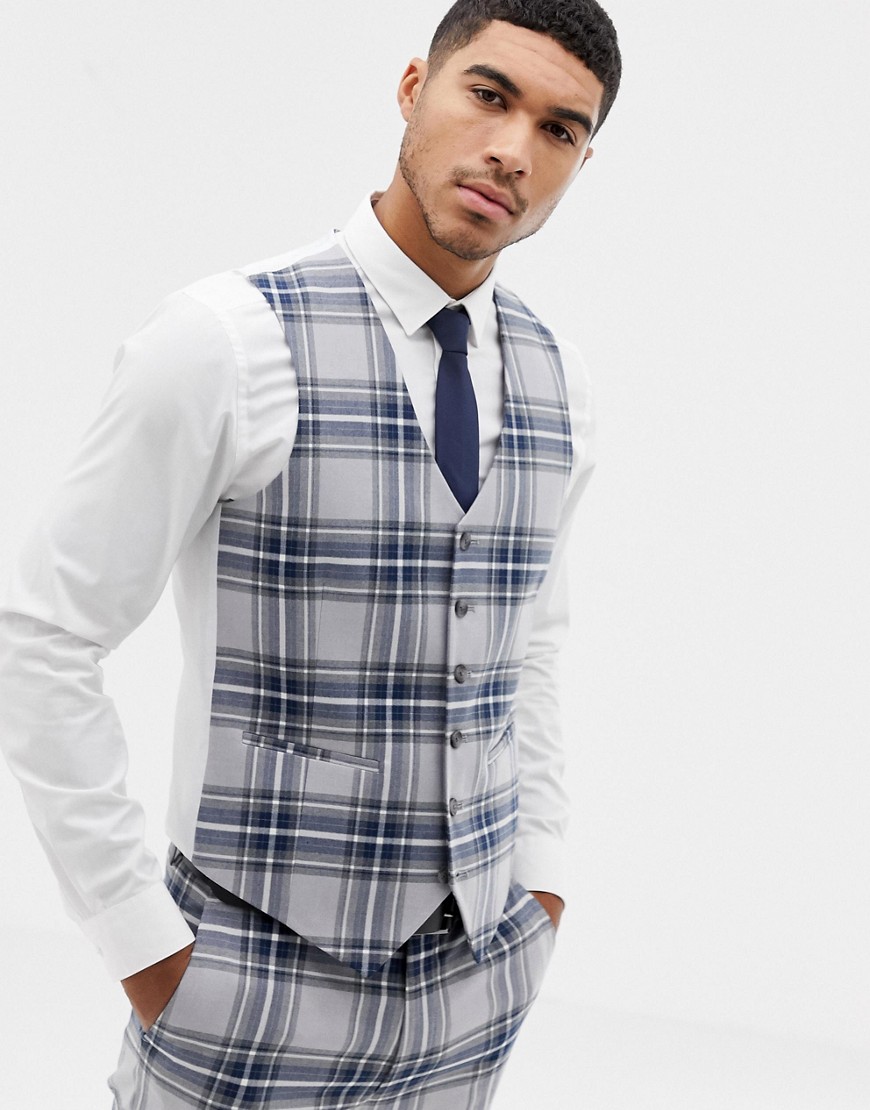 ASOS DESIGN skinny suit vest in gray oversized check