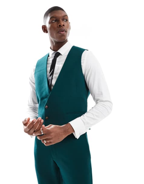ASOS DESIGN skinny suit vest in green slub texture - view 1