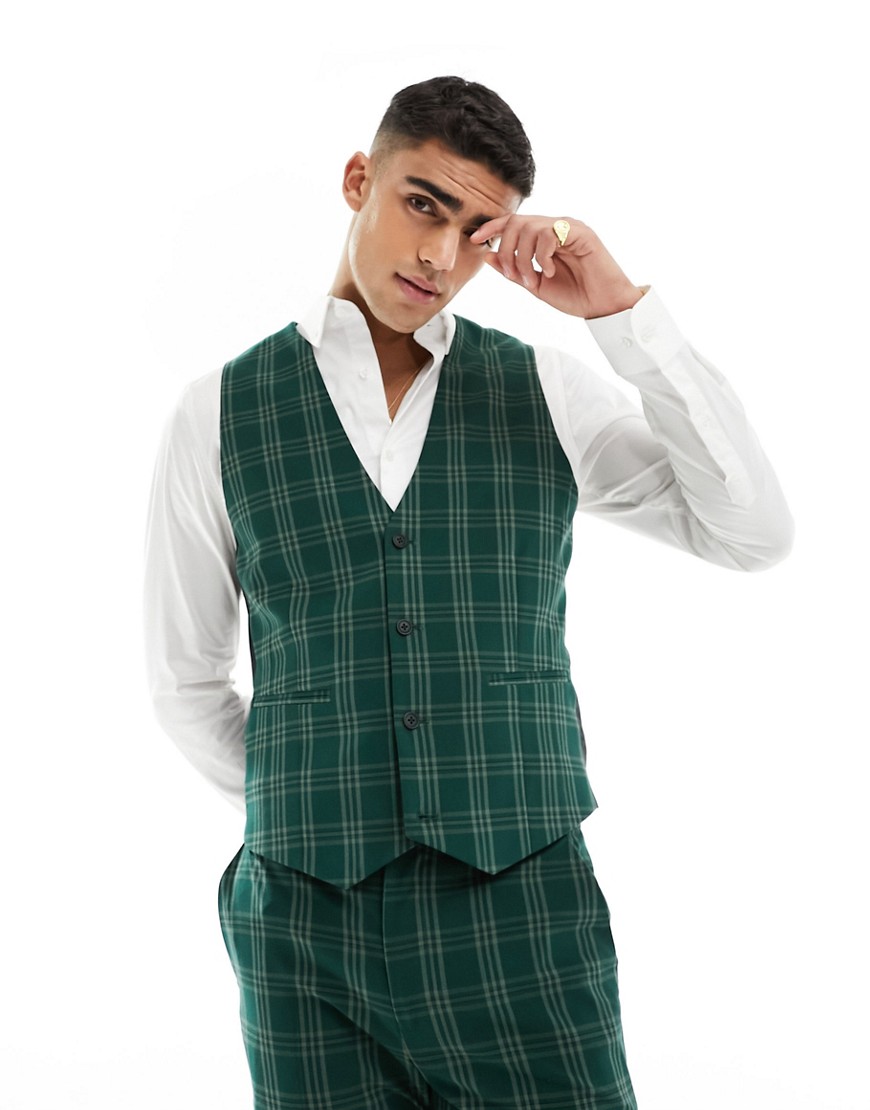 Asos Design Skinny Suit Vest In Green Tonal Check