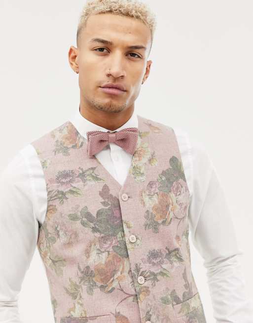 ASOS DESIGN skinny suit vest in printed pink floral wool mix