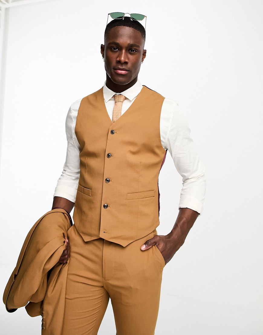Asos Design Skinny Suit Vest In Tobacco-brown