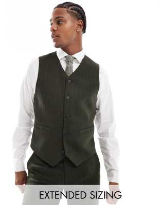 skinny suit vest in wool blend olive green herringbone