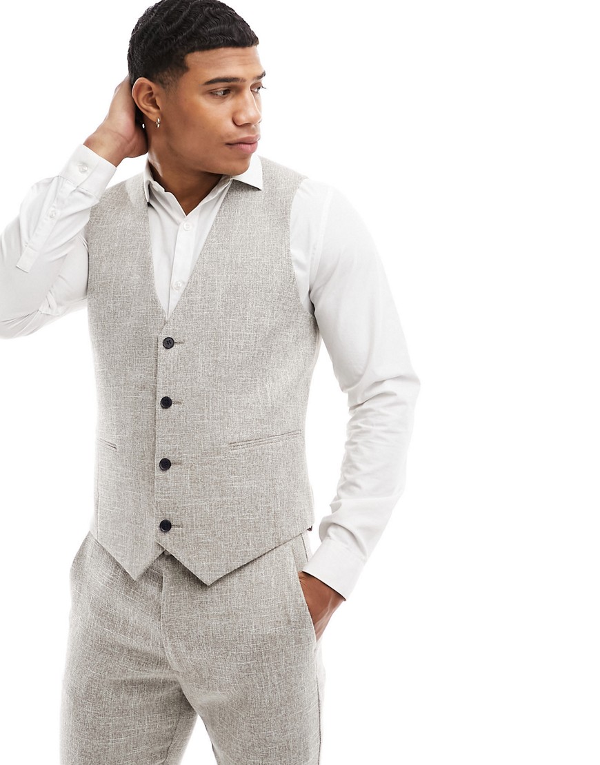 ASOS DESIGN skinny suit waistcoat in beige microtexture-Neutral