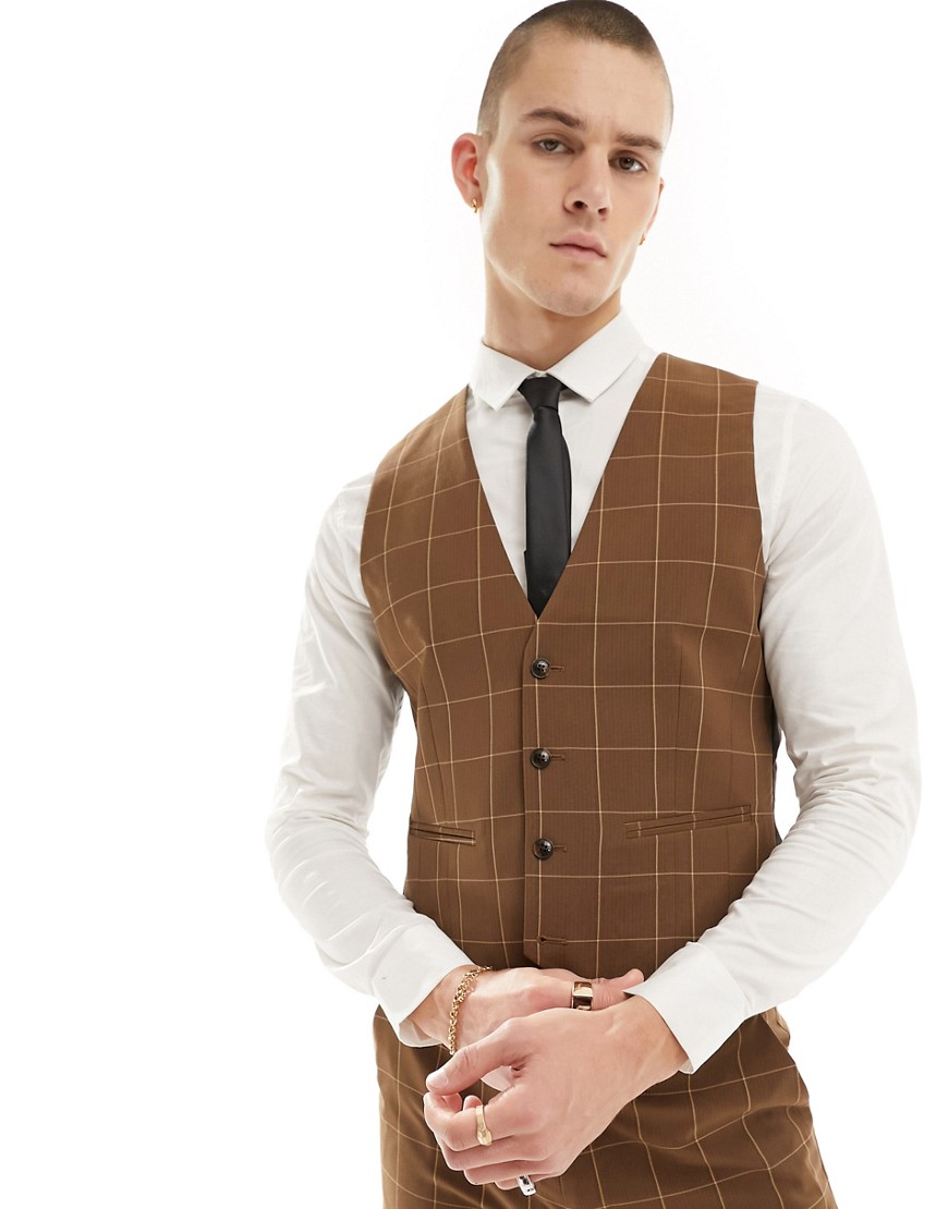 ASOS DESIGN skinny suit waistcoat in brown tonal check