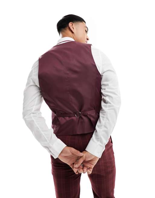 ASOS DESIGN skinny suit waistcoat in burgundy tonal check, 3 of 5