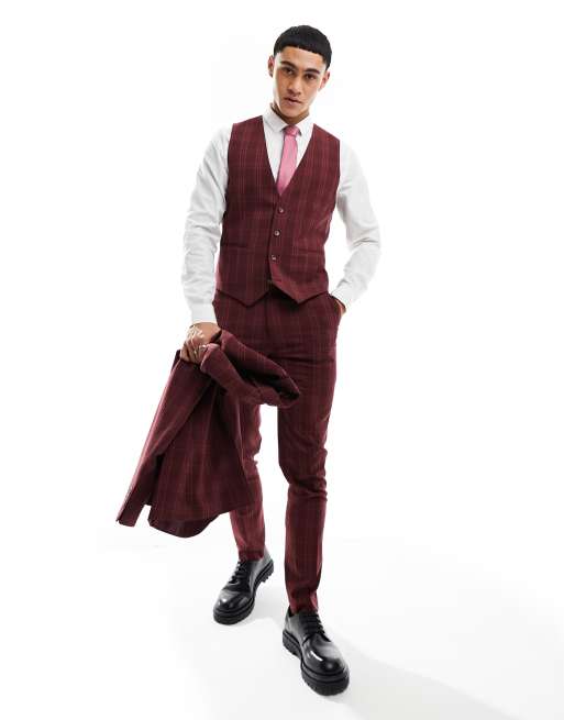 ASOS DESIGN skinny suit waistcoat in burgundy tonal check, 4 of 5