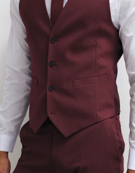 ASOS DESIGN skinny suit waistcoat in burgundy, 3 of 5