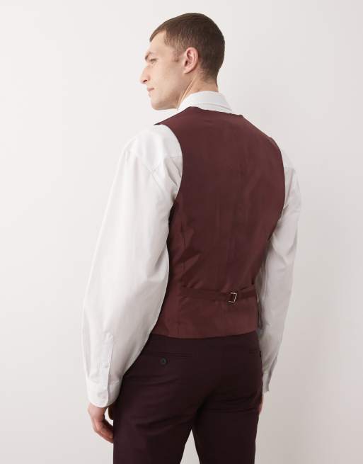 ASOS DESIGN skinny suit waistcoat in burgundy, 3 of 5