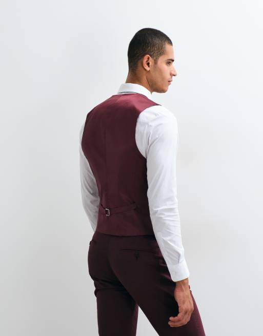 ASOS DESIGN skinny suit waistcoat in burgundy, 2 of 5