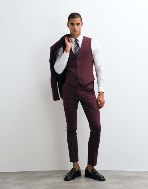 ASOS DESIGN skinny suit waistcoat in burgundy, 3 of 5