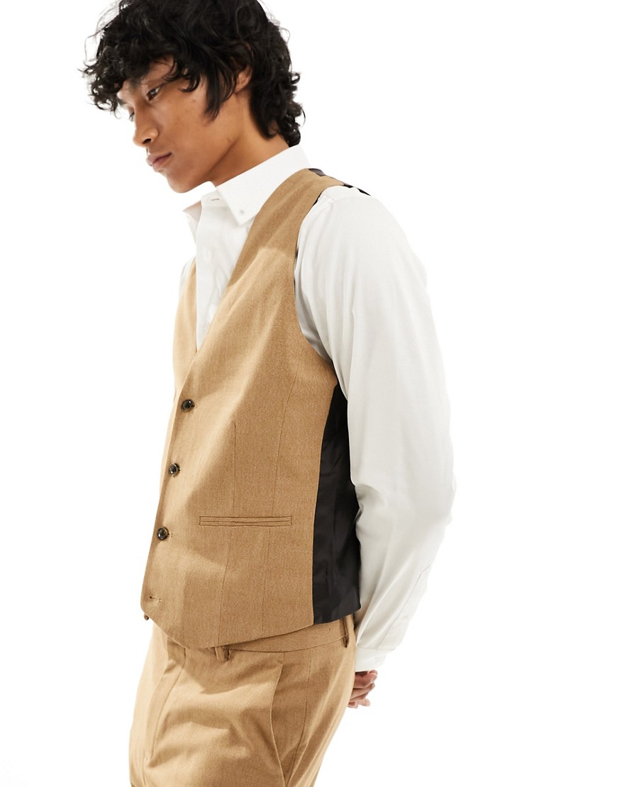 ASOS DESIGN skinny suit waistcoat in camel in micro texture-Brown