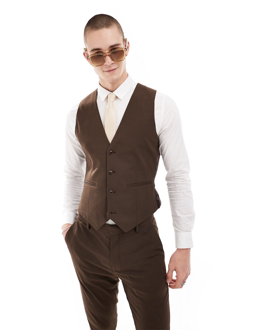 ASOS DESIGN skinny suit waistcoat in chocolate brown