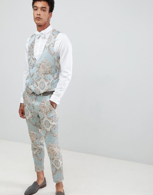 ASOS DESIGN skinny suit in duck egg jacquard with sequined parrot | ASOS
