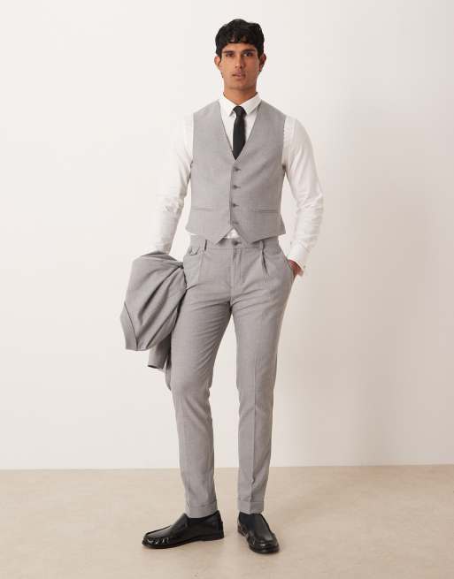 ASOS DESIGN skinny suit waistcoat in grey herringbone flannel, 2 of 5