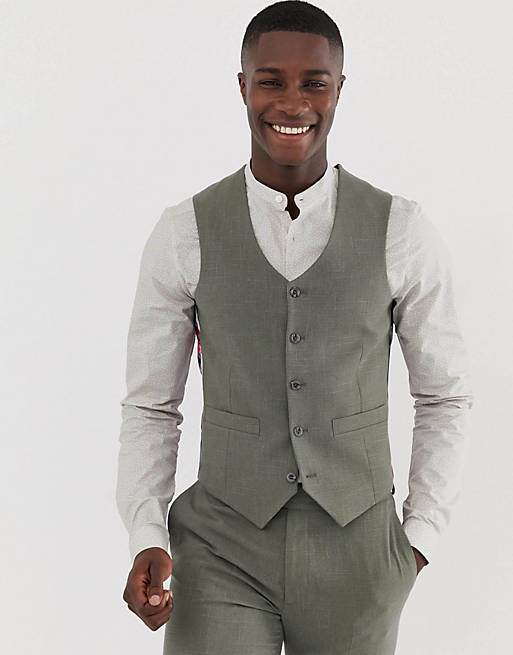 ASOS DESIGN skinny suit waistcoat in khaki cross hatch | ASOS