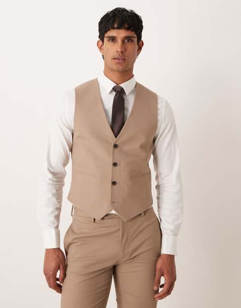ASOS DESIGN skinny suit waistcoat in stone herringbone - view 1