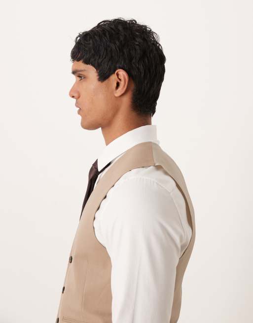 ASOS DESIGN skinny suit waistcoat in stone herringbone, 4 of 5