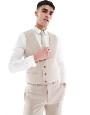 ASOS DESIGN ASOS DESIGN skinny suit waistcoat in taupe slub texture-Neutral