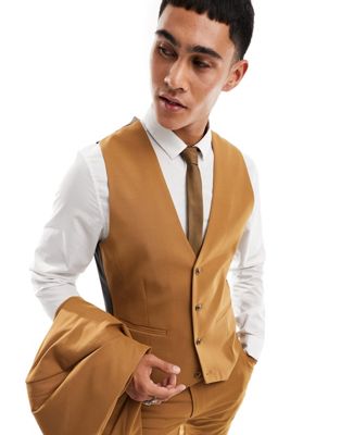 ASOS DESIGN skinny suit waistcoat in tobacco