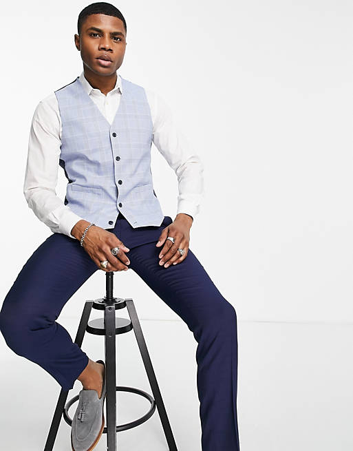 ASOS DESIGN skinny suit waistcoat with prince of wales check in blue