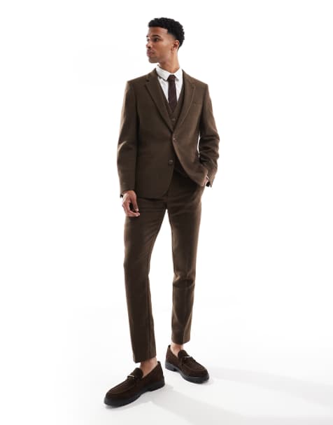 ASOS DESIGN skinny suit with wool in brown twill - view 1
