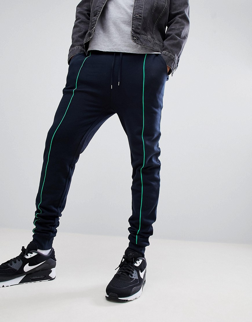 Asos Design Skinny Sweatpants In Navy With Light Green Piping