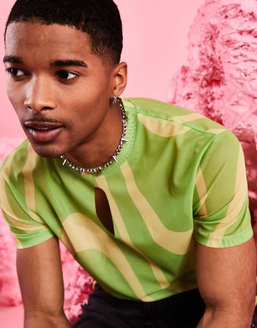 ASOS DESIGN skinny t-shirt in green mesh print with front cut out - LGREEN, 2 of 4
