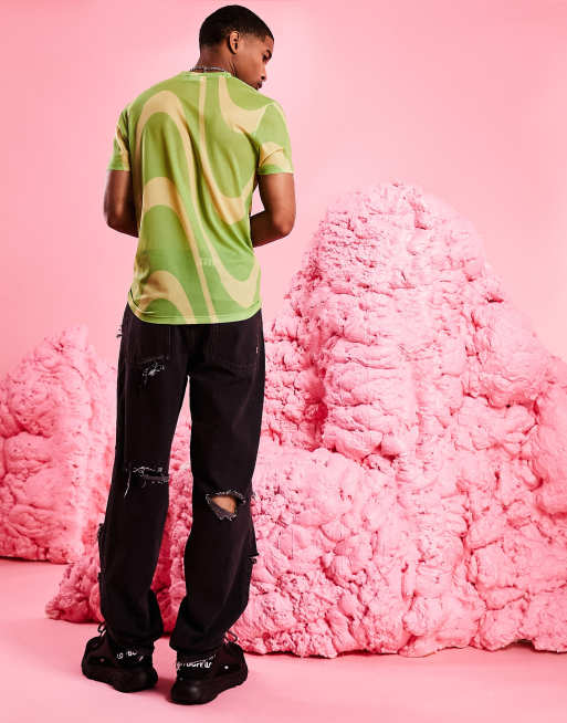 ASOS DESIGN skinny t-shirt in green mesh print with front cut out - LGREEN, 4 of 4