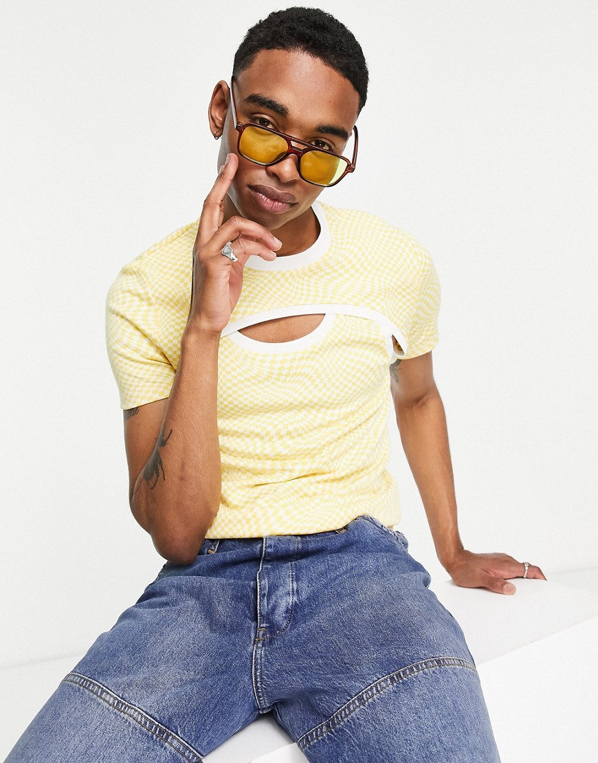 ASOS DESIGN skinny t-shirt in yellow check print with cut outs