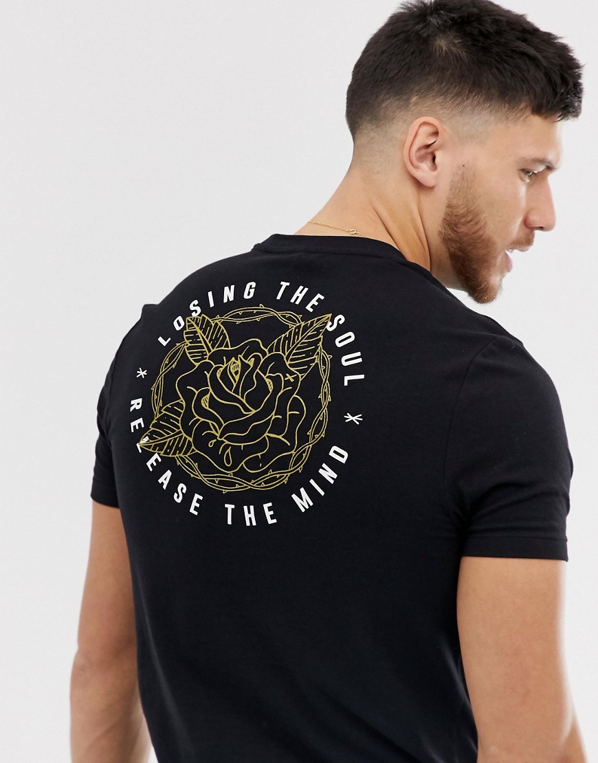 ASOS DESIGN - Skinny T-shirt met gouden folielijn en rozenprint op de achterkant-Zwart