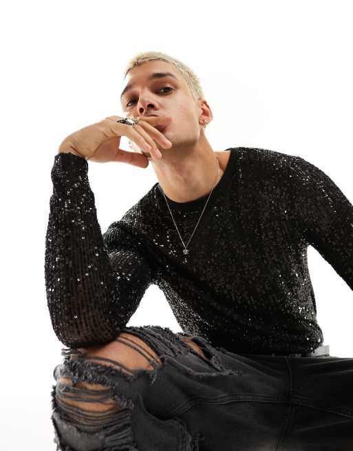ASOS DESIGN - Skinny T-shirt met lange mouwen in mesh met lovertjes