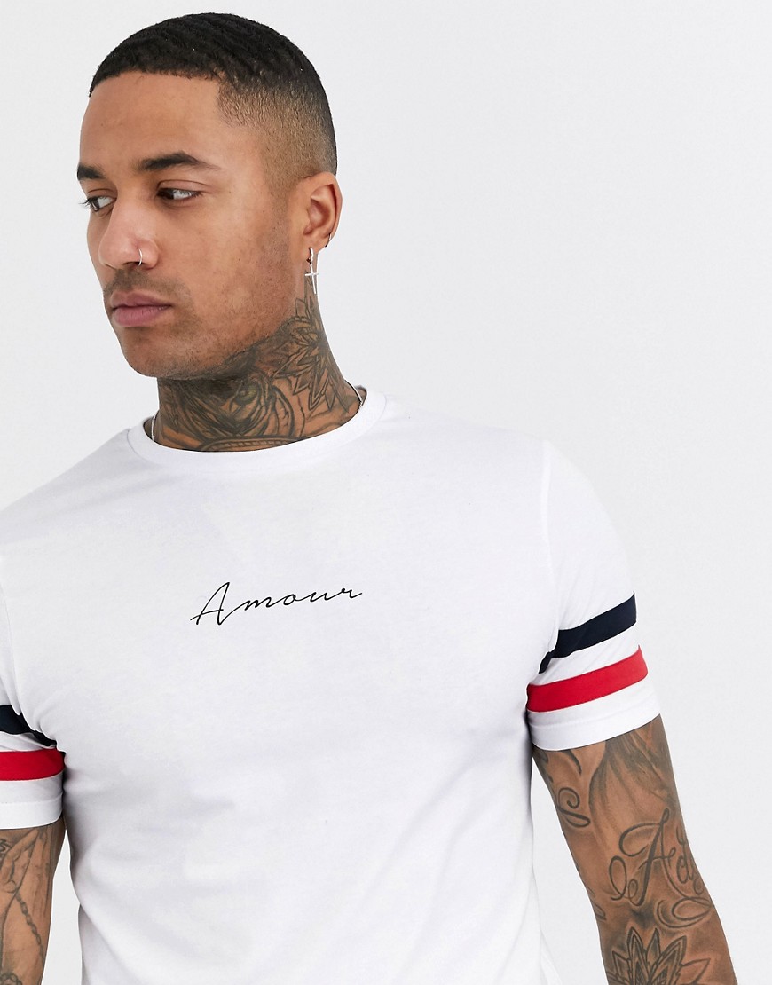ASOS DESIGN - Skinny T-shirt met strepen op de mouwen en borst-Wit