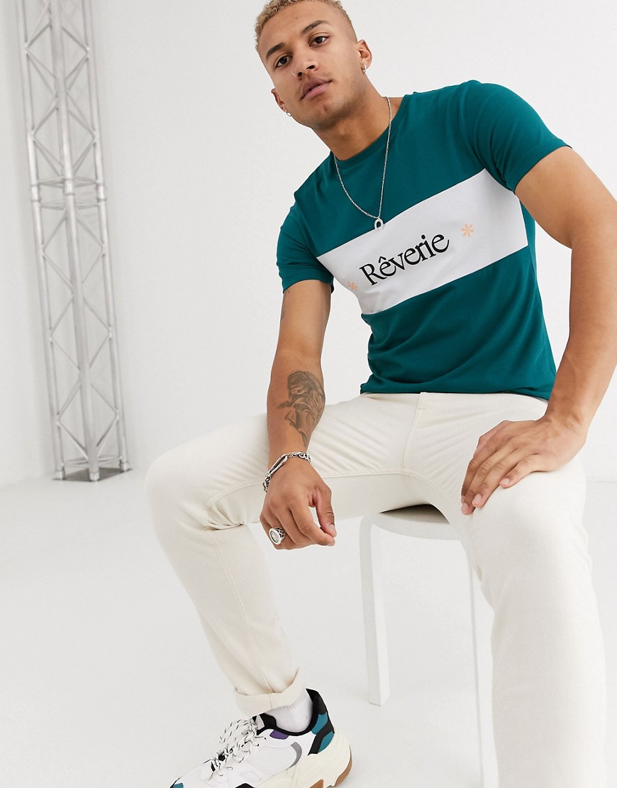ASOS DESIGN - Skinny T-shirt met stretch en kleurvlakken met Franse tekst-Groen