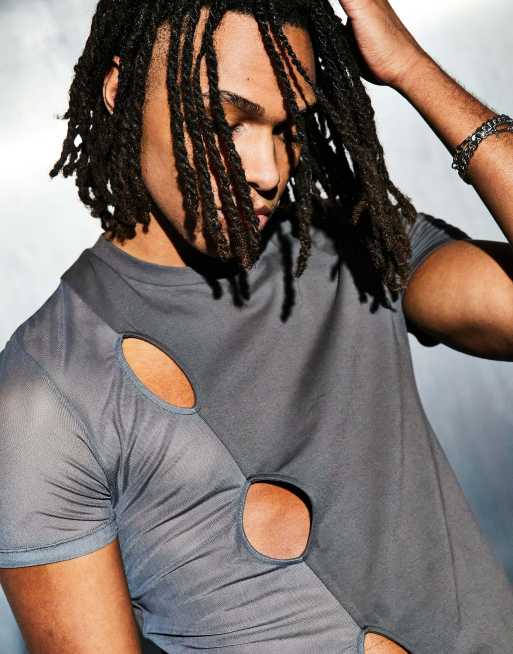 ASOS DESIGN - Skinny T-shirt van mesh met uitsnijdingen en kleurvlakken in bruin en grijs