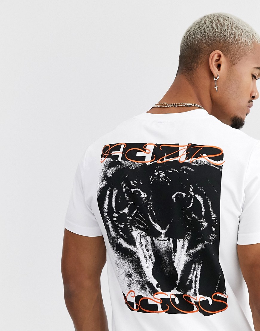 ASOS DESIGN skinny t-shirt with back tiger print and contrast text embroidery-White