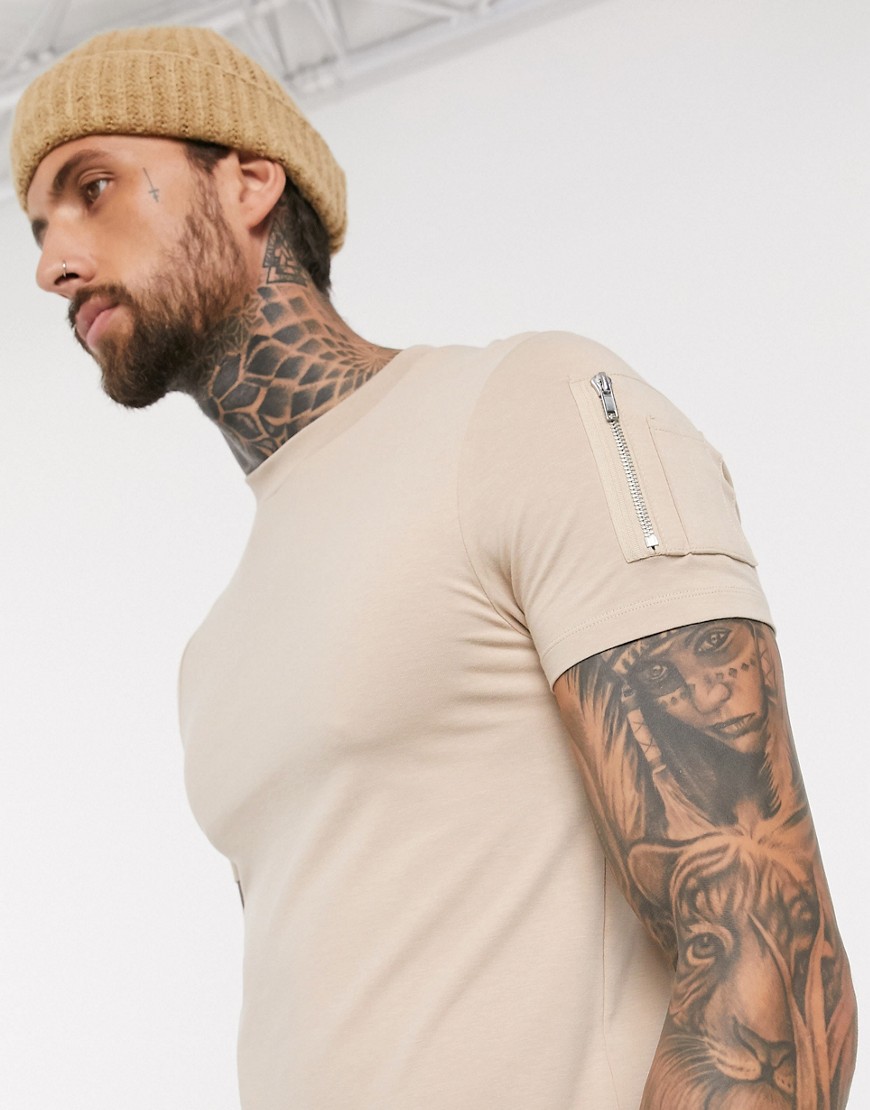 ASOS DESIGN skinny t-shirt with curved hem and MA1 pocket in beige