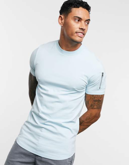 Asos Design Skinny T Shirt With Curved Hem And Ma1 Pocket In Light Blue Asos